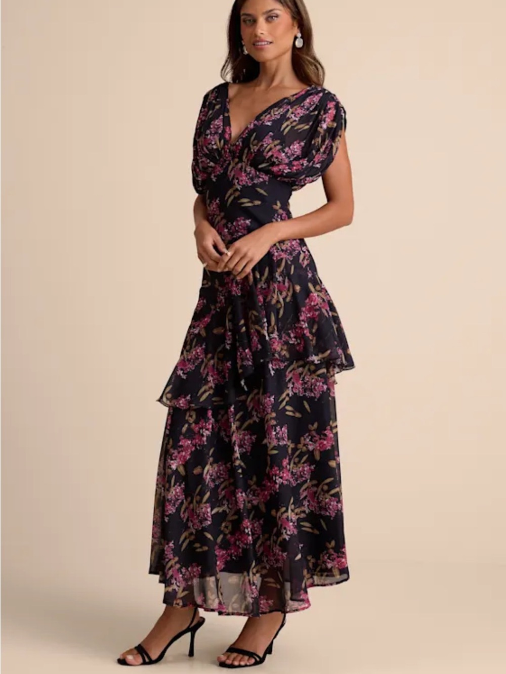 Lulu's Black Maxi Dress with Pink Floral Print
